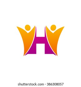H initial alphabet letter logo with teamwork swoosh man, orange purple