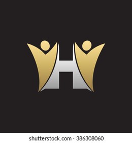 H initial alphabet letter logo with teamwork swoosh man, silver gold black background