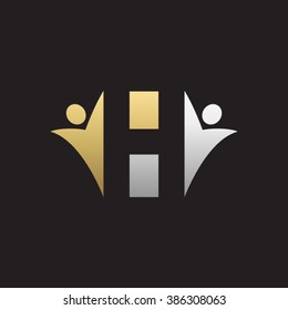 H initial alphabet letter logo with teamwork swoosh man, silver gold black background