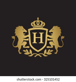 H initial business, clean luxury crest logo with lions