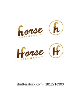 H initial of horse logo vector. Typography body design. Silhouette of jump horse. Horse race sport competition, animal farm, apparel brand, raise up company. Apply to web site, Adds, Apps icon, brand
