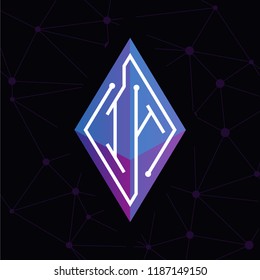 I H Initial letter block chain logo icon vector template. Looping mono line circuit letter on rhombus cube logo