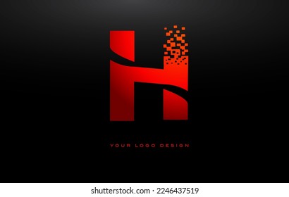 H Diseño del logotipo de la carta inicial con píxeles digitales en colores rojos.
