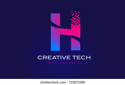H Initial Letter Logo Design with Digital Pixels in Blue and Purple Colors.