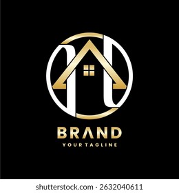 H y un diseño inicial del logotipo con la silueta de la casa. Vector de oro negro