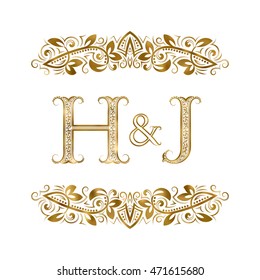 H and J vintage initials logo symbol. The letters are surrounded by ornamental elements. Wedding or business partners monogram in royal style.