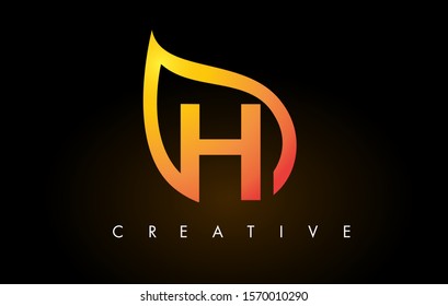 H Leaf Logo Letter Design with Golden Leaf Outline Vector Illustration.