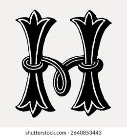 H letter, 16th-century calligraphy font illustration isolated on white, vector. 