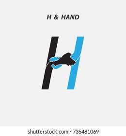 H- Letter Abstract Icon & Hands Logo Design Vector Template.Italic Style.Business Offer,Partnership,Hope,Help,Support,Teamwork Sign.Corporate Business & Education Logotype Symbol.Vector Illustration