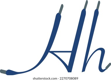 H letter. Blue Sport alphabet formed by shoe lace. Vector handwritten script font can be used for workout labels, race headlines, fitness posters, delivery cards. Alphabet fonts set.