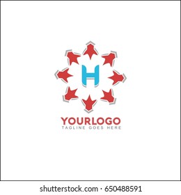 H letter brand identity. Vector graphic elegant sliced alphabet symbol with star element on circle in silver and red color.