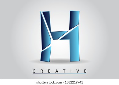 H letter with broken glass effect. Blue shattered letter with falling pieces vector illustration for logo, monogram, label, cover, emblem, company name, glass business, firm sign or web page design.