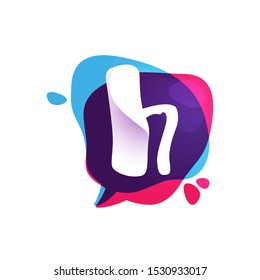 H letter chat app logo at colorful watercolor splash background. Color multiply style. Bubble speech vector typeface for labels, headlines, posters, cards etc.