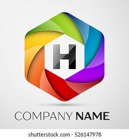 H Letter colorful logo in the hexagonal on grey background. Vector template for your design
