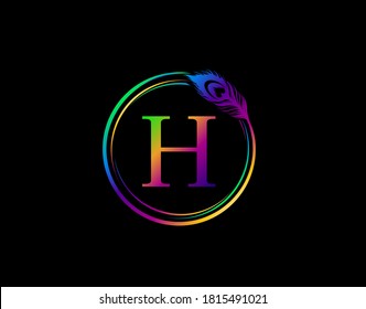 H Letter Decorated With Hologram Color Peacock Feather. Circle Badge With Peacock Feather. 