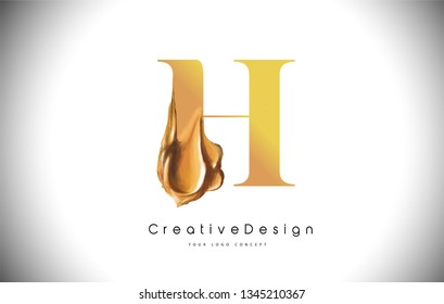 H Letter Design Brush Paint Stroke. Gold h Letter Logo Icon with Golden Paintbrush Vector Illustration