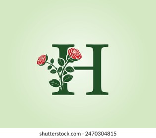 H Diseño de la letra con la flor roja de la rosa y las hojas sobre un fondo verde. Ilustración vectorial inicial de letra H combinada con Elementos botánicos.