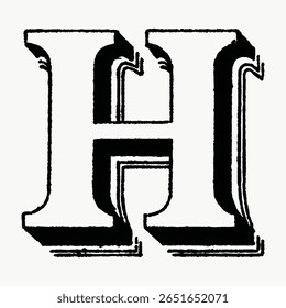 Letra H, Diferentes tipos de sombreamentos na fonte, ilustração vintage isolada em branco, vetor. Fonte criativa e letra de tipografia, vetor isolado. Fonte preta vintage.