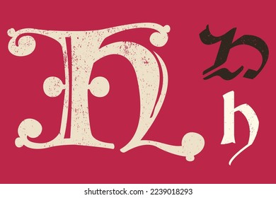 H letter drop cap logo. Illuminated initial and blackletter uppercase and lowercase. All you need to precisely imitate medieval text. Decorative element for the beginning of a paragraph or section.