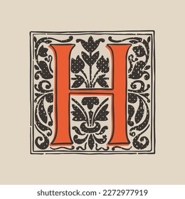 H letter drop cap logo in medieval engraving style. Blackletter square initial. Illuminated dark-age emblem with lush foliage and tulips. Perfect for vintage identity, gothic posters, luxury packaging