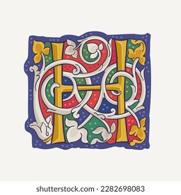 H letter drop cap logo with interlaced white vine and gilding calligraphy elements. Renaissance initial emblem. Medieval dim colored fancy luxury icon based on Ottonian and Romanesque.