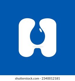 H letter eco logo with blue water dew drops. Negative space icon. Spring water emblem. Vector template for pure drink company, swimming posters, waste recycling identity, fight against drought adv.