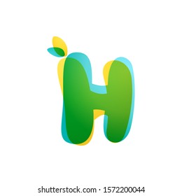 H letter eco logo. Overlapping gradient font with green leaves. Vector green template can be used for eco, vegan, bio, raw, organic.
