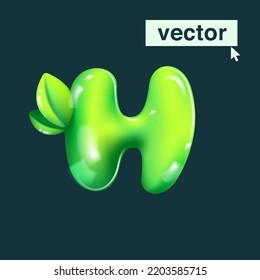 H letter eco logo in realistic 3D design and cartoon balloon style. Glossy green vector illustration. Perfect for agriculture banners, vibrant advertising, waste recycling art, healthy food packaging.