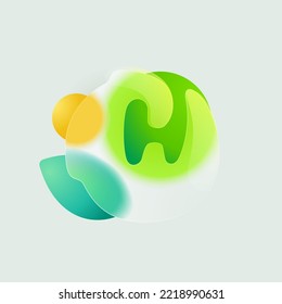 H letter eco logo in round splash with green leaf and sun. Realistic glassmorphism style translucent icon. Environment friendly negative space emblem for agriculture advertising, and healthy food.