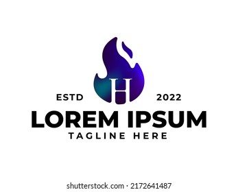 H letter fire flame blue gradient logo design vector