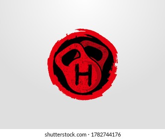 H Letter Fitness logo design template. Retro Kettlebell in Circle Grunge Element.