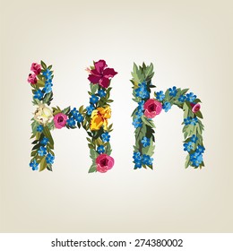 H letter. Flower capital alphabet. Colorful font. Uppercase and Lowercase. Vector illustration.