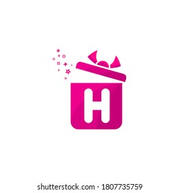 h letter Gift box Logo Design Vector Template.Logo gift template. Letter h in the box for present. Concept design present emblems and signs. Gift box icon pink color.h gift box logo