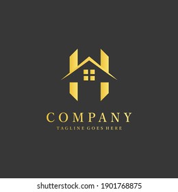 H letter gold logo with real estate house building roof and windows icon
