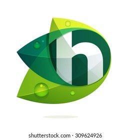 H letter with green leaves and dew drops. Vector design template elements for your application or corporate identity.
