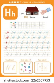 Hoja de trabajo de práctica de escritura a mano de letras H. Hoja de cálculo de seguimiento de letras de alfabeto para niños con juegos e ilustraciones brillantes. Página Aprendiendo actividad alfabética. Plantilla imprimible.