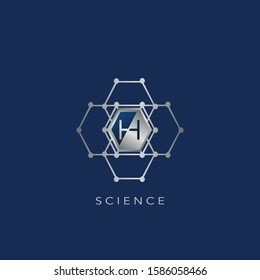 H Letter Hexagon Ring Techno Logo. Silver Hexagon Geomtrical Ring with letter logo icon on blue background color for science technology design concept.