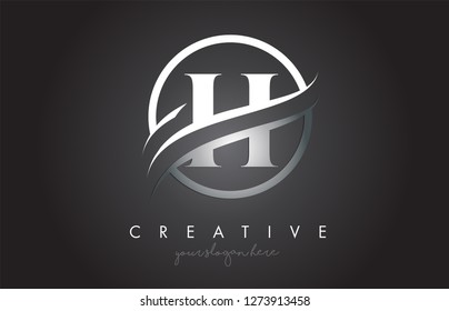 H Letter Icon Logo Design with Circle Steel Swoosh Border and Metal Texture. Creative H Design Vector Illustration.