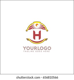 H letter landscape vector illustration. Vintage sunset logo with sun.