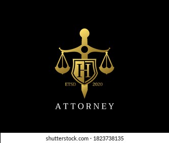 H Letter Law Logo design with golden sword, shield, wreath symbol vector design. Perfect for for law firm, company, lawyer or attorney office logo.