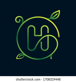 H letter leaf logo in a circle. Impossible one line style. Perfect green icon for environment labels, landscape posters and garden identity, etc.