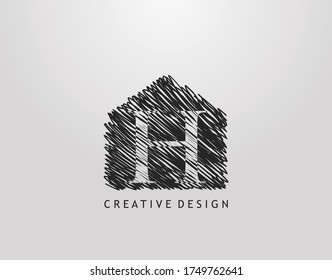 H Letter Logo. Abstract hand drawn house line stroke shape with negative space of letter H. Modern, minimalist and retro concept design. 