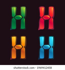 Logo de la letra H en estilo reloj despertador. Fuente digital en cuatro combinaciones de colores para la identidad futurista de la empresa, revista de vida nocturna, afiches expresivos.