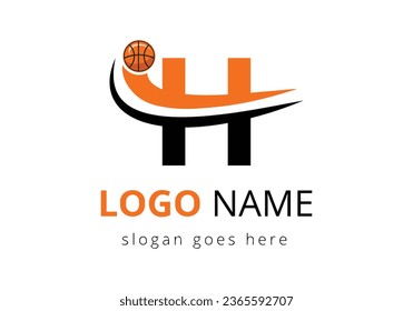 H Letter Logo With Basketball Ball. Sports Symbol Vector Template Design