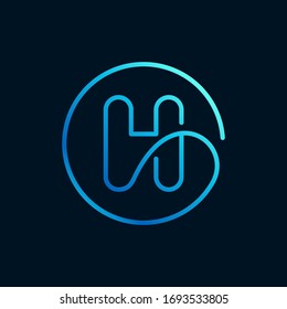 H letter logo in a circle. Impossible line style. Perfect blue icon for digital labels, nightlife print, neon advertising, etc.