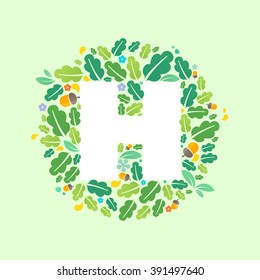 H letter logo in a circle of oak leaves and acorns. Summer font style, vector design template elements for your ecology application or corporate identity.