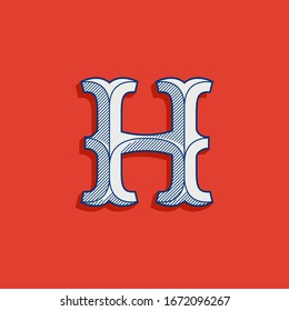 H letter logo in classic sport team style. Vintage slab serif font with lines shadow. Perfect for victorian identity, luxury package, retro book, western diploma, etc.