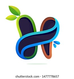 H letter logo ecology stylized with green leaves and dew drops. Font style, vector design template elements for your eco friendly or organic label. 