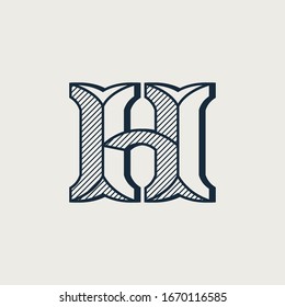 H letter logo in elegant style with diagonal hatching and shadow effect. Vector serif font for barber shop labels, currency posters and bank identity.