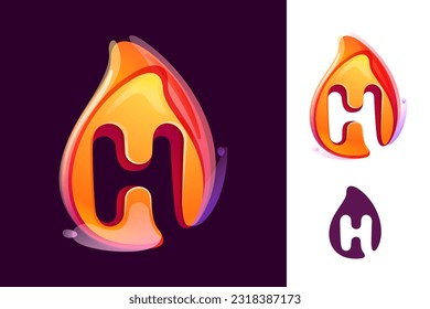 H letter logo in fire flame. Negative space 3D realistic icon. Vibrant initial in overlapping watercolor style. Vector watercolor font for danger labels, multicolor warning posters, sport identity.